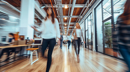Group of office people walking at office open space. Team of business employees at coworking center. People at motion blur. Concept working at action