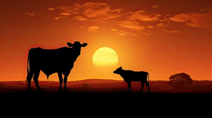 Fototapeta na wymiar farm cow and calf silhouette