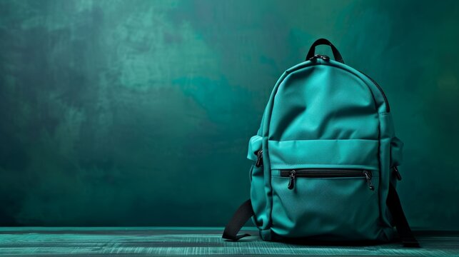 Stylish gray backpack with zippers and brown straps, ideal for school or travel, located on a dark turquoise background on a wooden surface