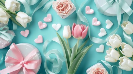 An elegant arrangement of fresh tulips and roses among dew drops on a serene blue background,...