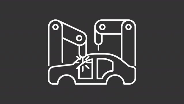 Animated auto production white icons. Manufacture automatization line animation library. Industrial revolution. Isolated illustration on dark background. Transition alpha. HD video. Icon pack