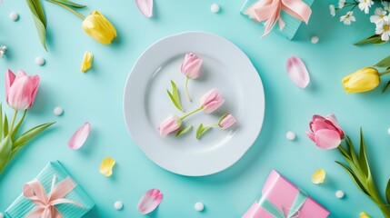 In the center there is a white plate on which pink tulip flowers and green stems are placed. Scattered around the plate are fresh tulip flowers in shades of pink and yellow along with green leaves. - Powered by Adobe