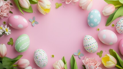 spring and Easter holidays. eggs on a soft pink background. empty field for inscription, scattered...