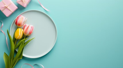 In the center there is a white plate on which pink tulip flowers and green stems are placed. Scattered around the plate are fresh tulip flowers in shades of pink and yellow along with green leaves.