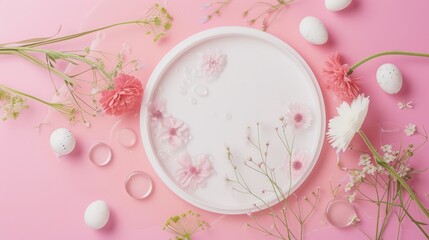 spring and Easter holidays. fresh tulips and eggs on a soft pink background. empty white plate,...