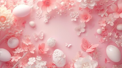spring and Easter holidays. eggs on a soft pink background are mixed with white paper flowers.