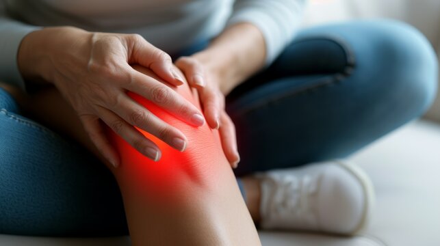 person experiencing knee pain, close-up of hands holding sore joint, health and medicine concept illustration with red highlighting indicating area of discomfort