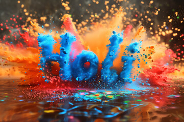"Happy Holi" the word "Holi" with colorful power explosion