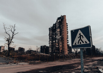 destroyed and burned houses in the city Russia Ukraine war