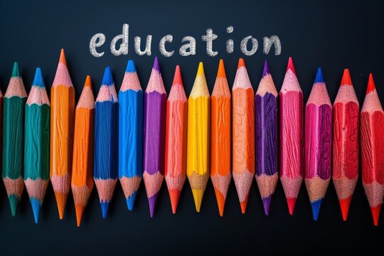 Colored pencils aligned in a row with the word "Education" written above on a dark background, symbolizing learning and creativity