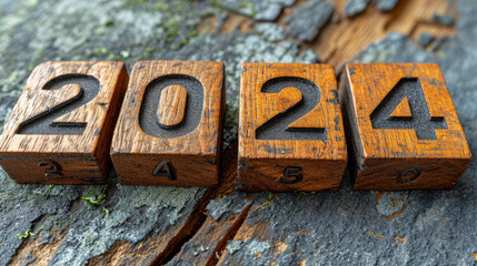 minimalist image of wooden cubes on which the numbers 2024