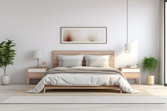 Modern bedroom interior design. Minimal light bedroom interior with wooden bed and furniture, modern posters and potted plant