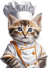 A cute kitten in a Chef's Uniform.