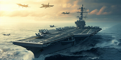 panoramic view of a generic military aircraft carrier ship with fighter jets take off during a special operation at a warzone - obrazy, fototapety, plakaty