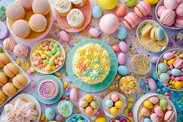 top view of various Easter colorful sweets and Easter eggs flat lay on light blue background