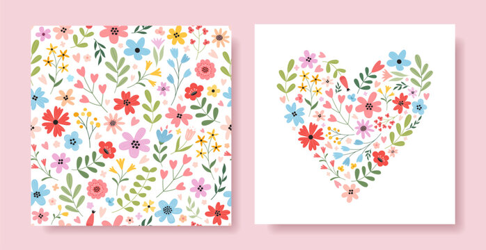 Set of floral seamless pattern and floral heart. Romantic spring summer design. Perfect for decoration holiday greeting cards, posters, banners, fabric, cover, wallpaper, wrap paper.