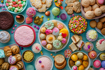top view of various colorful sweets flat lay on light blue background