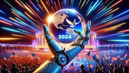 Futuristic Robotic Hand Holding a Glass Sphere with 2024 Election Celebration, Showcasing Diverse Unity and Hope in a Colorful Light Show