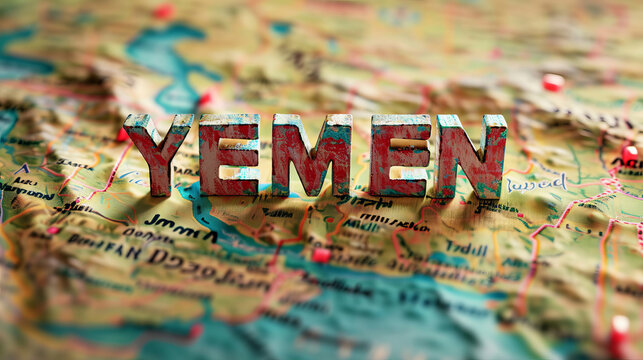 the country of Yemen on the map, painted in the colors of the flag of Yemen