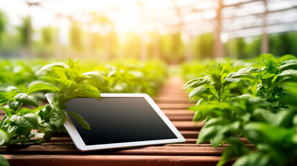 A computer tablet against the background of sunlight and cultivated agriculture in a production greenhouse. Farming, agro-industry.