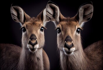 Close-up of two female common waterbuck side-by-side. Generative AI - obrazy, fototapety, plakaty