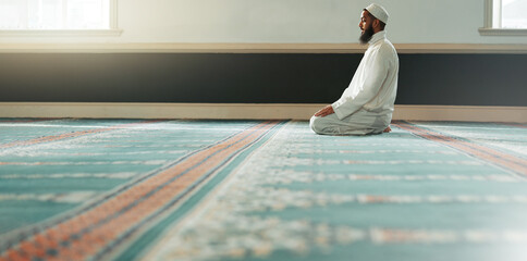 Praying, islamic and man with faith in a mosque for gratitude, peace and spiritual care in holy...