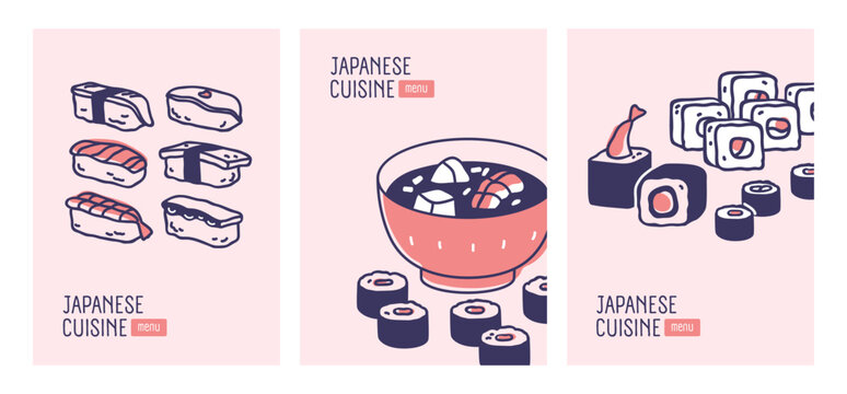 Japanese food restaurant, menu cover design. Japan cuisine, Asian bar, vertical backgrounds, cards set. Sushi, nigiri, maki, rolls and soup, Eastern banner templates. Flat vector illustration