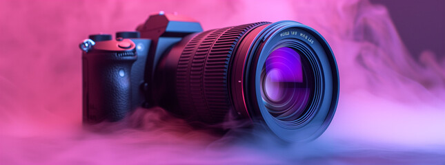 close up of a professional camera with a big lens in cinematic smoke on pink background.