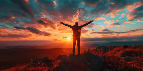 man standing on the top of a mountain with his arms out watching the sunset. Solitary goals and achievements, moments of peace and happiness. - Powered by Adobe
