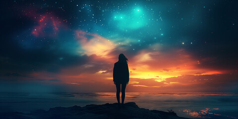 silhouette of a woman standing alone in front of the imensity of the ocean and the universe. Self development concept.