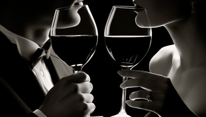 Sensual black and white image of a couple facing each other holding wine glasses. In the style of 50 shades of grey.