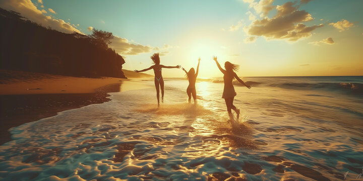 Happy image of 3 girls playing in the water on the beach at sunset.