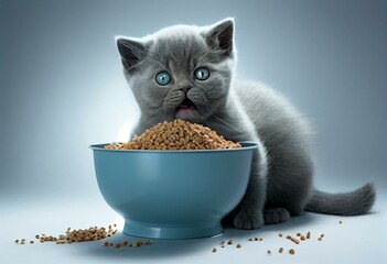 Cute blue British Shorthair cat kitten sitting behind aluminium food bowl filled with dry food kibbles. Looking straight to camera, mouth open and licking mouth.  Isolated cutout on. Generative AI