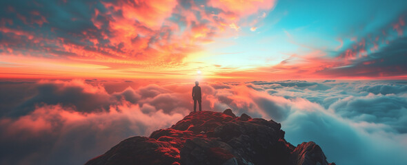 man standing on the top of a mountain above the clouds watching the sunset. Solitary goals and achievements, moments of peace and happiness.