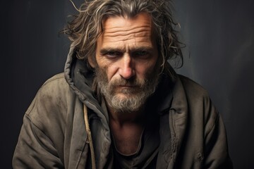Obraz premium Photo A middle-aged homeless man, 40 years old, wearing a forlorn look, symbolizing the struggles of those battling homelessness on a solid muted brown background