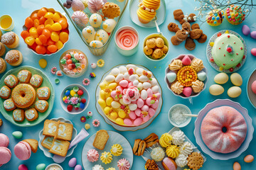 top view of various Easter colorful sweets and Easter eggs flat lay on light blue background