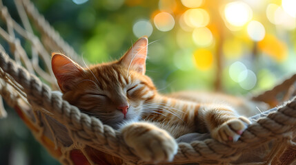 A cat sleeping in a hammock with its eyes closed.