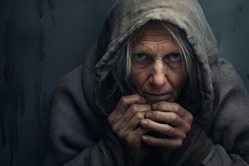 An elderly homeless woman, 65 years old, struggling with mental health issues, highlighting the challenges faced by the vulnerable on a solid muted gray background - obrazy, fototapety, plakaty