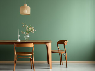 Minimalist Dining Area with Sleek Wooden Table and Scandinavian Chair on Green Background