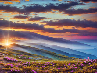 Mountain, valley, landscape , fields. Nature , hills, clouds, sky, sunset