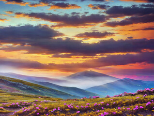 Mountain, valley, landscape , fields. Nature , hills, clouds, sky, sunset