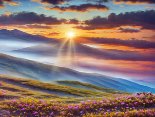 Majestic mountain sunrise over a vibrant meadow of wildflowers with misty valleys and a colorful sky.