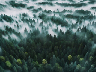 forest, fir-trees, fog, altitude, clouds