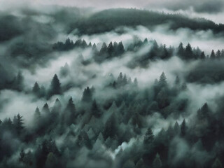 Misty forest landscape with dense fog weaving through evergreen trees, creating a mysterious and atmospheric scene.