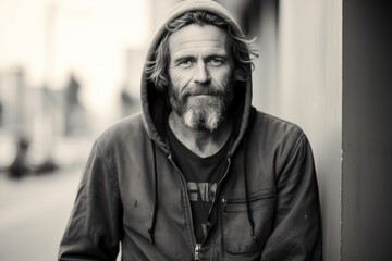 
Photo Cheerful homeless man of middle age, 45 years old, Caucasian, exuding resilience on the streets, embracing life's journey with a hopeful attitude - obrazy, fototapety, plakaty