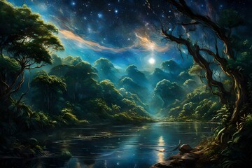 A tranquil vein snaking through the dense jungle, serves as a canvas for the cosmic artistry above. Stars sprinkle the sky, creating a breathtaking celestial panorama