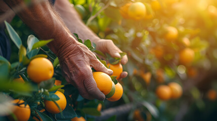 A old farmer holds a handful of oranges in front of an orange tree. - obrazy, fototapety, plakaty