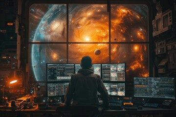 A man monitors cosmic activity from a control station with screens displaying vibrant celestial bodies, embodying the nexus of human curiosity and space exploration.