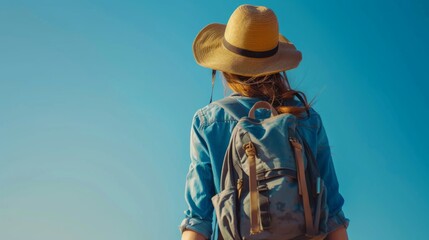 A happy young tourist woman wearing a beach hat, sunglasses, and backpack is going to travel on holidays on a blue sky background. - obrazy, fototapety, plakaty