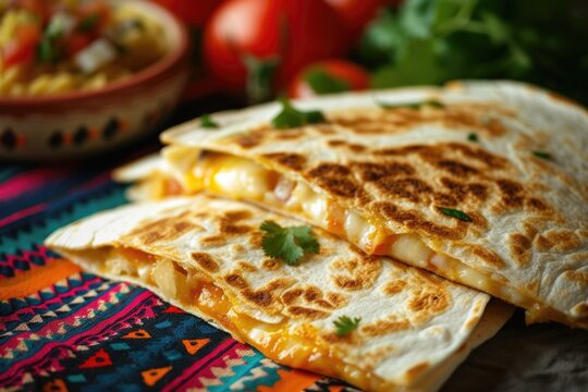 mexican quesadillas with chicken, cheese and peppers, copy space